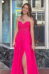 Floral Hot Pink 2024 Prom Dresses A-line Long Strapless Appliques - MyChicDress